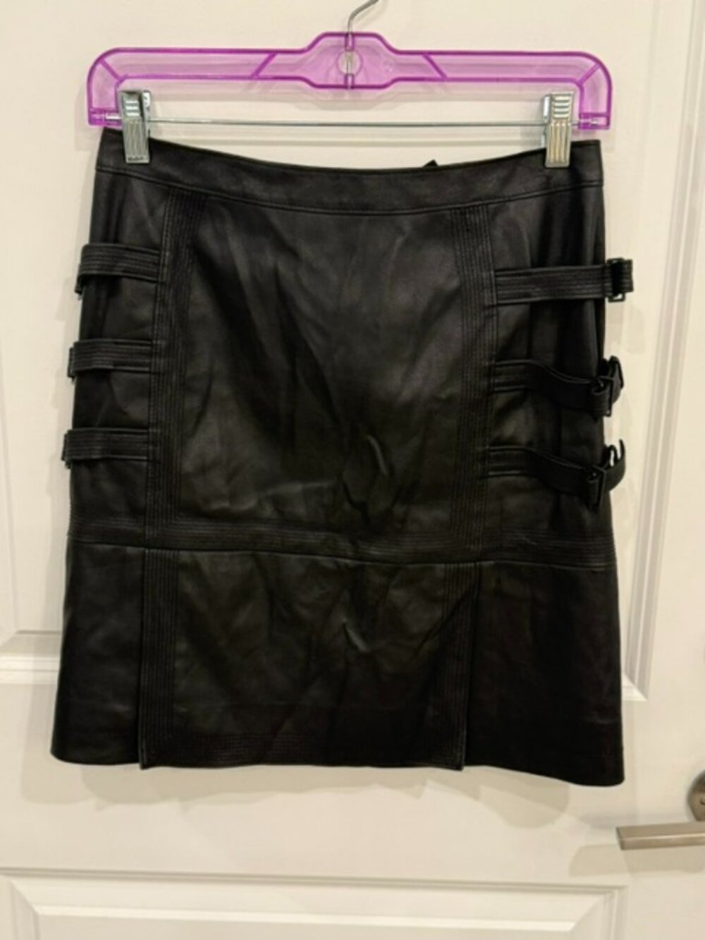 BCBG Max Azria Black Faux Leather Mini Skirt with Side Buckle Detail